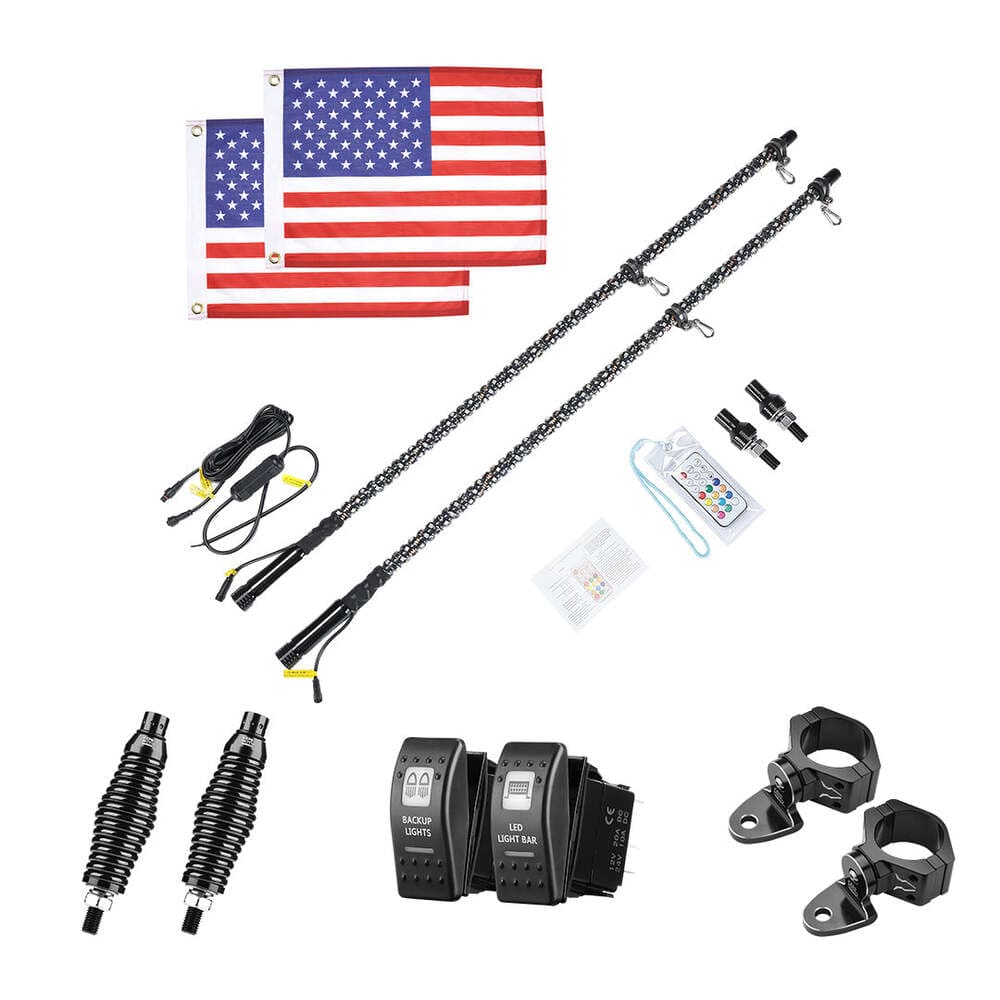 Kemimoto Polaris Ranger 366 Colors 3FT Spiral Whip Light w/ RF Remote Control - 2 Pcs