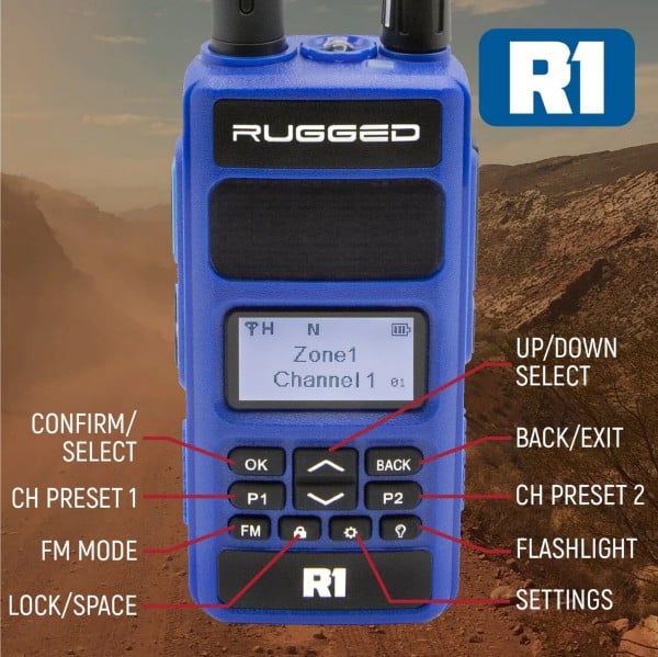 Rugged Radios BUNDLE - R1 Handheld Radio with Long Range Antenna and High Capacity Battery