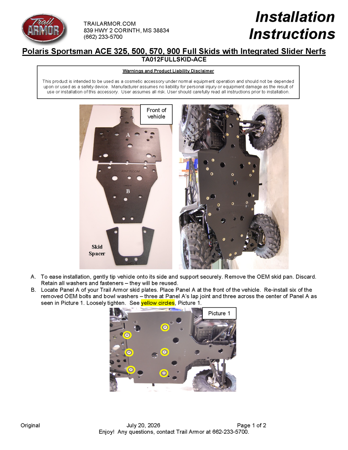 Trail Armor '14-'19 Polaris Sportsman ACE 900 XC Full Skid Plate