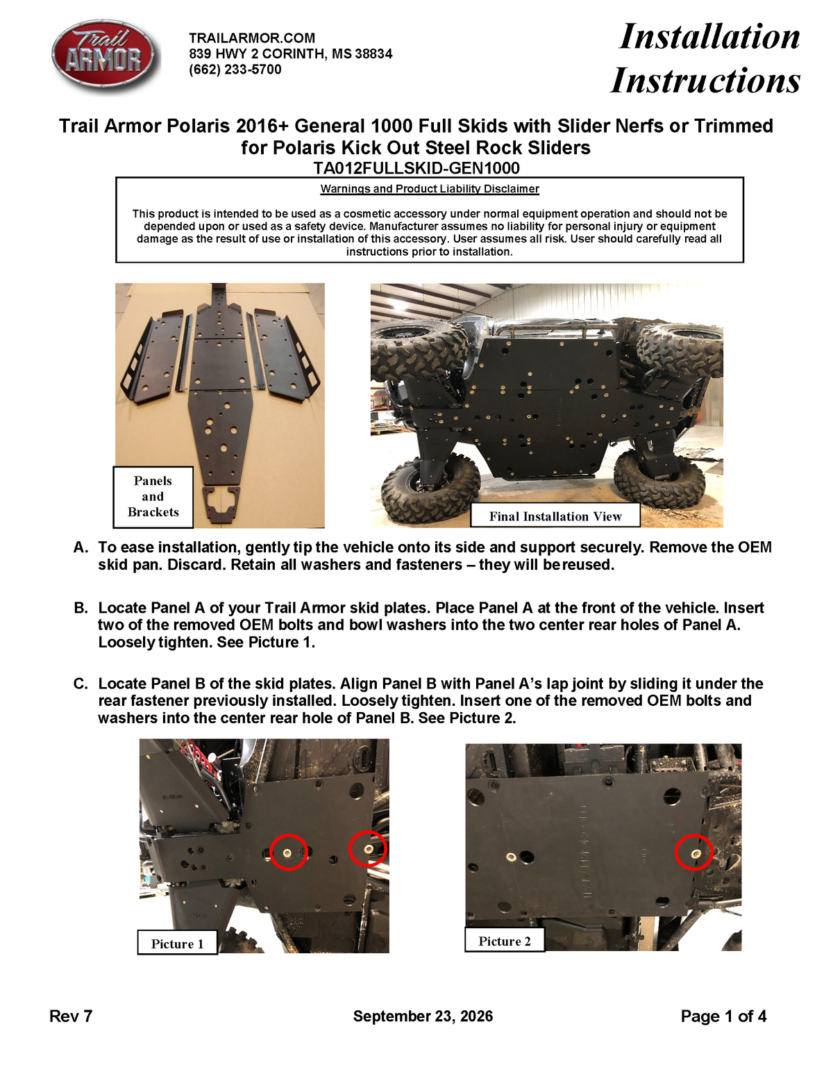 Trail Armor Polaris General 1000/XP 1000 Full Skids w/ Standard Slider Nerfs or Trimmed