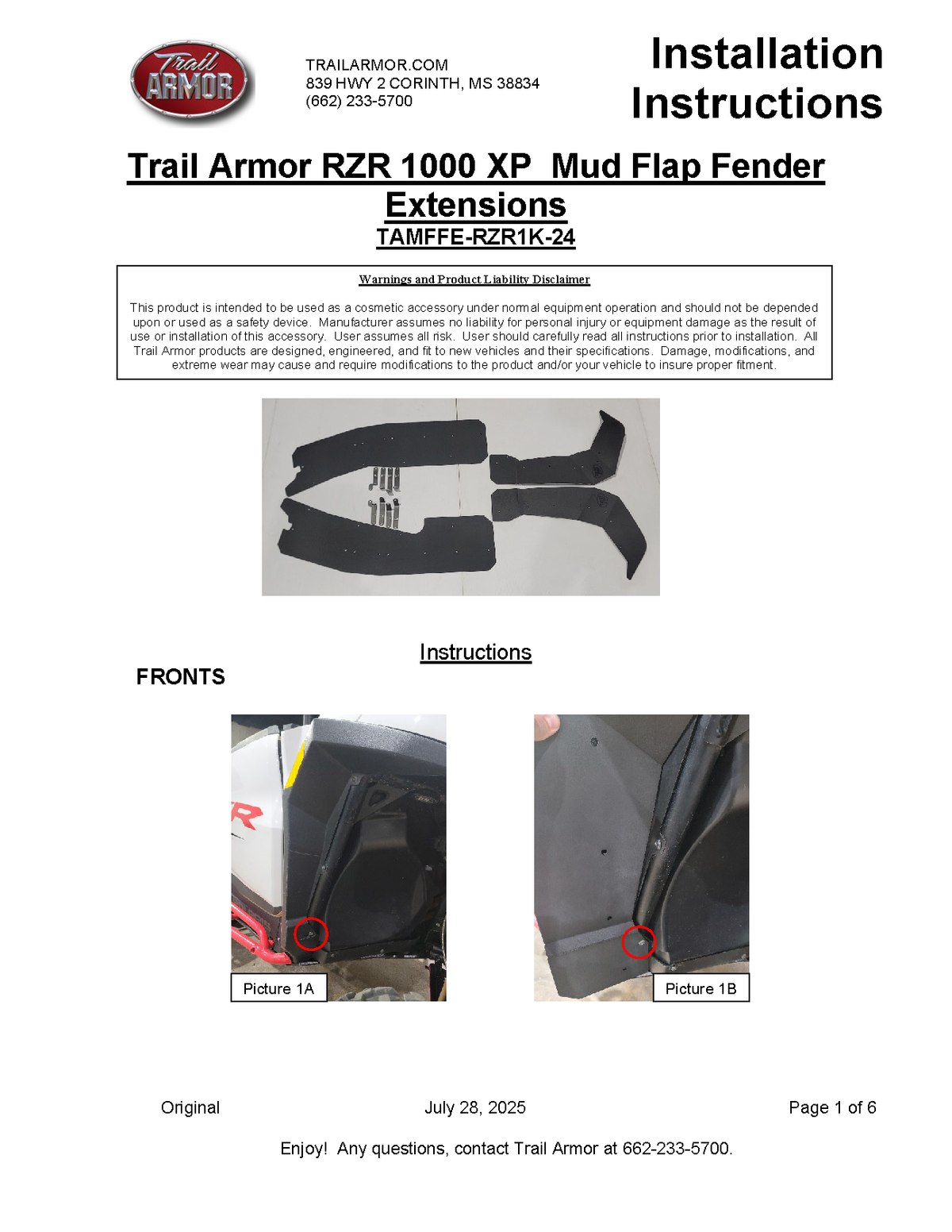 Trail Armor '24-'25 Polaris RZR XP 4 1000 Ultimate Mud Flap Fender Extensions