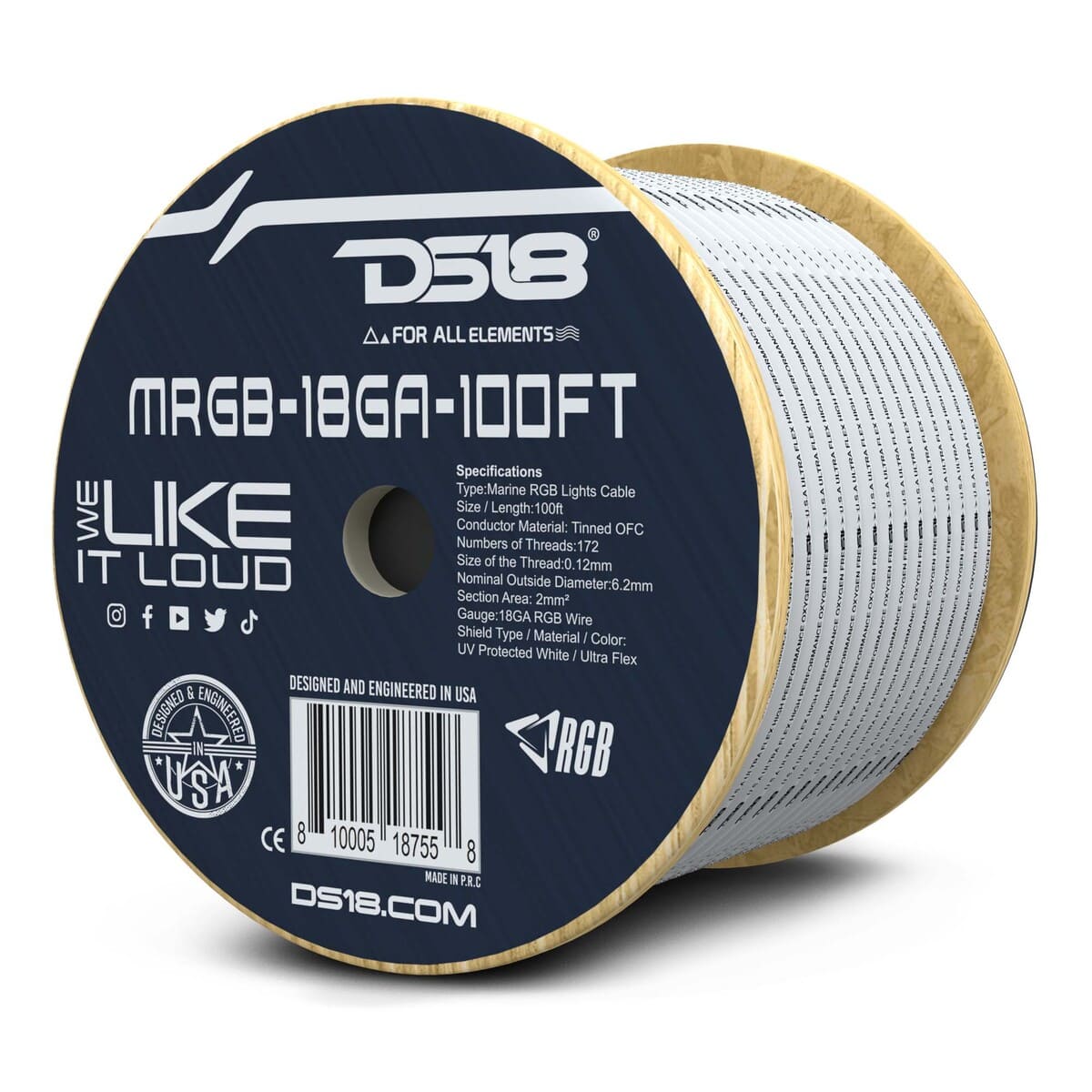 DS18 18-GA Marine Tinned 100% Copper OFC LED RGB Wires - 100 Feet
