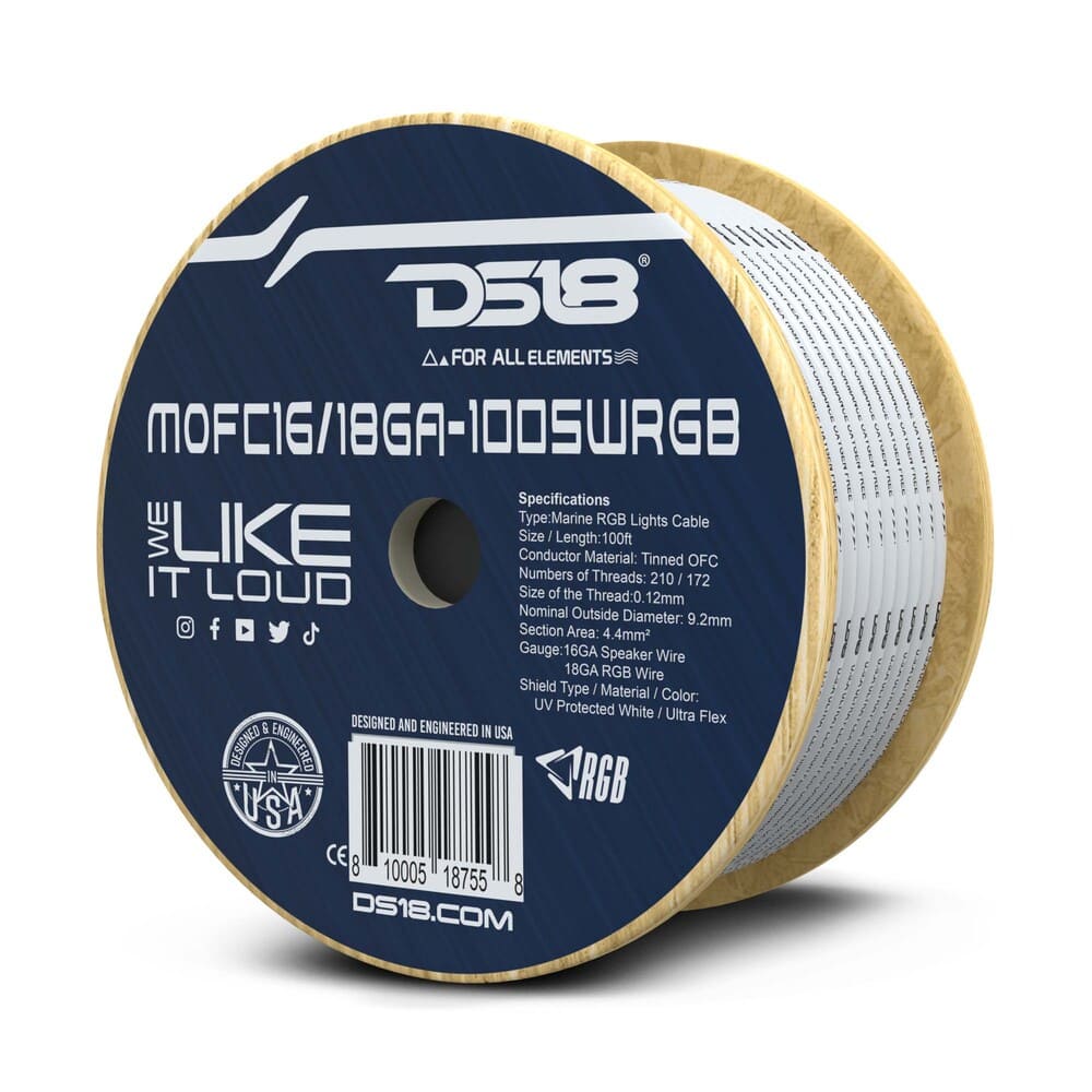 DS18 18-GA RGB LED & 16-GA Speaker Wires Marine Grade Tinned 100% Copper OFC -100 Feet
