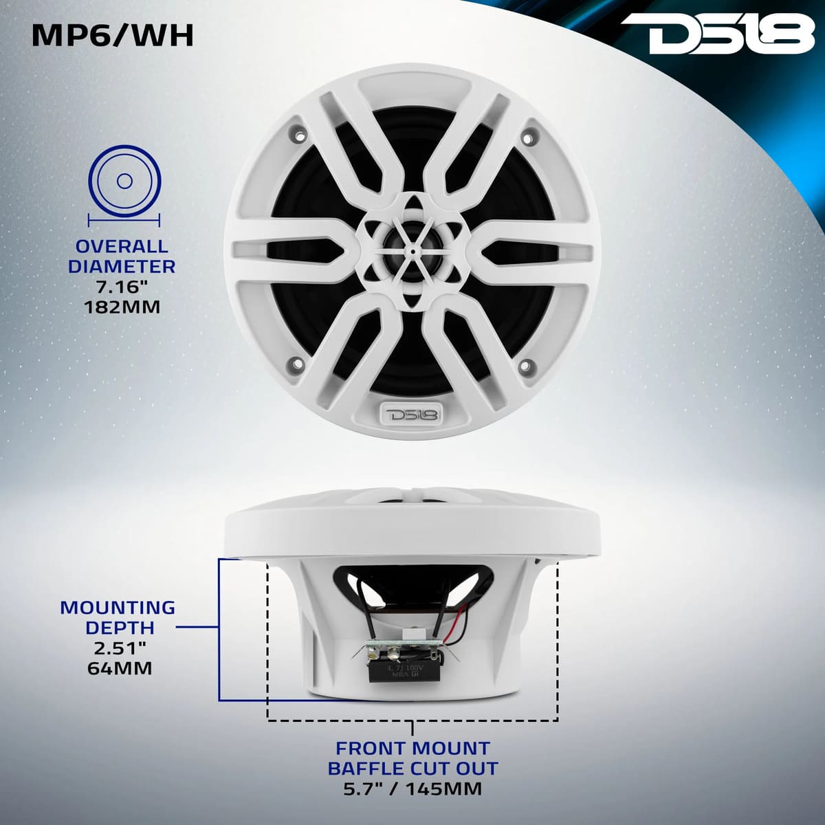 DS18 MP 6.5" 2-Way Coaxial Marine Speaker 60 Watts RMS 4-Ohm