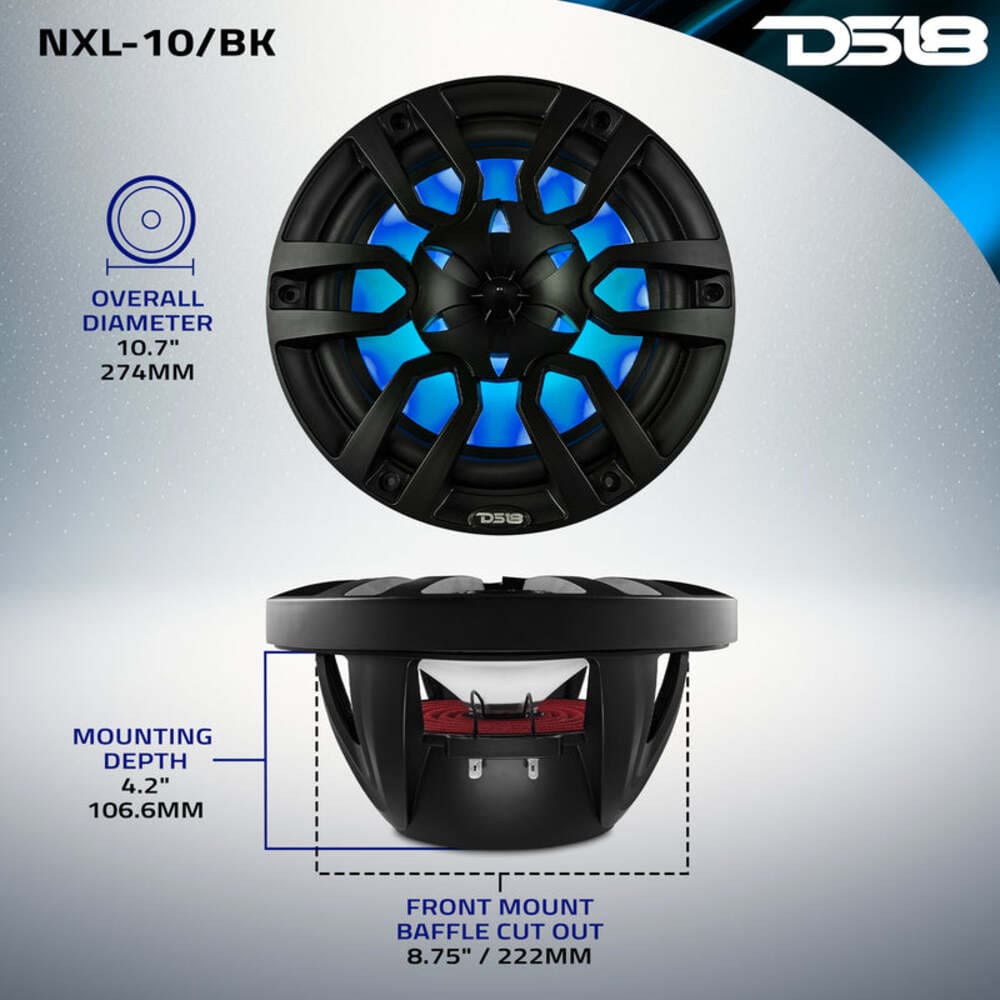 DS18 NXL 10" 2-Way Coaxial Marine Speaker w/ 200 Watts RMS 4-Ohm RGB LED Lights