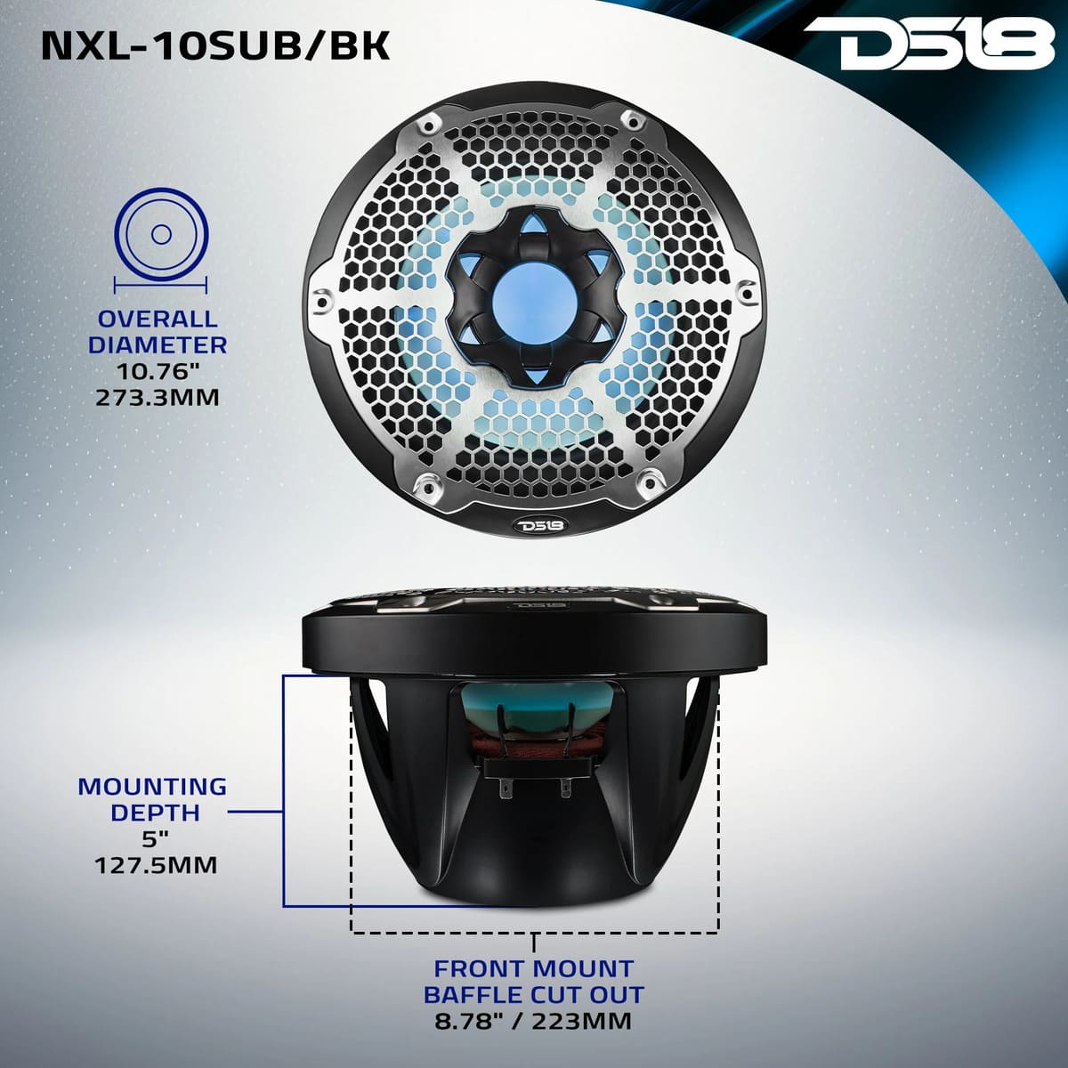 DS18 NXL 10" Marine Subwoofer w/ 300 Watts RMS SVC 4-Ohm RGB LED Lights