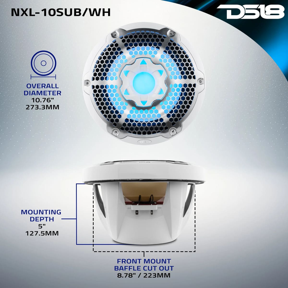 DS18 NXL 10" Marine Subwoofer w/ 300 Watts RMS SVC 4-Ohm RGB LED Lights