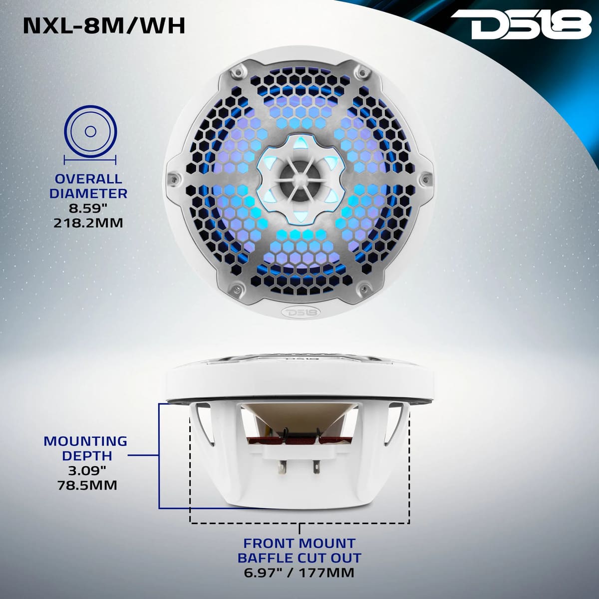 DS18 NXL 8" 2-Way Coaxial Marine Speaker With RGB LED Lights 125 Watts RMS 4-Ohm