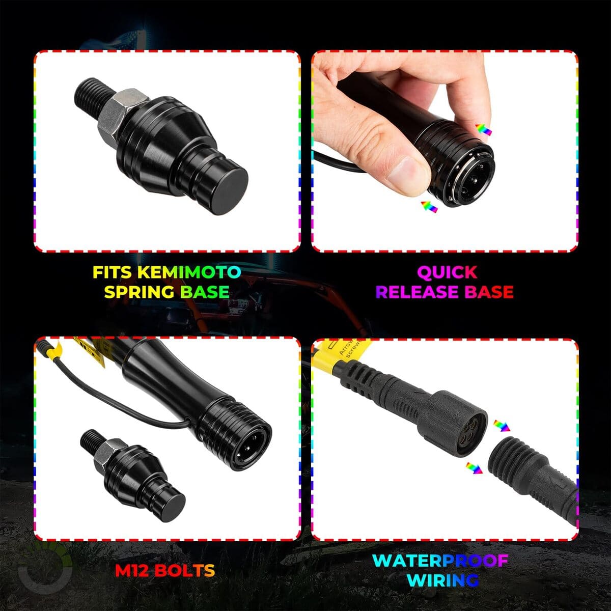 Kemimoto Polaris Ranger 4ft Black Limited LED Whip Light w/ RF Remote Control - 2Pcs