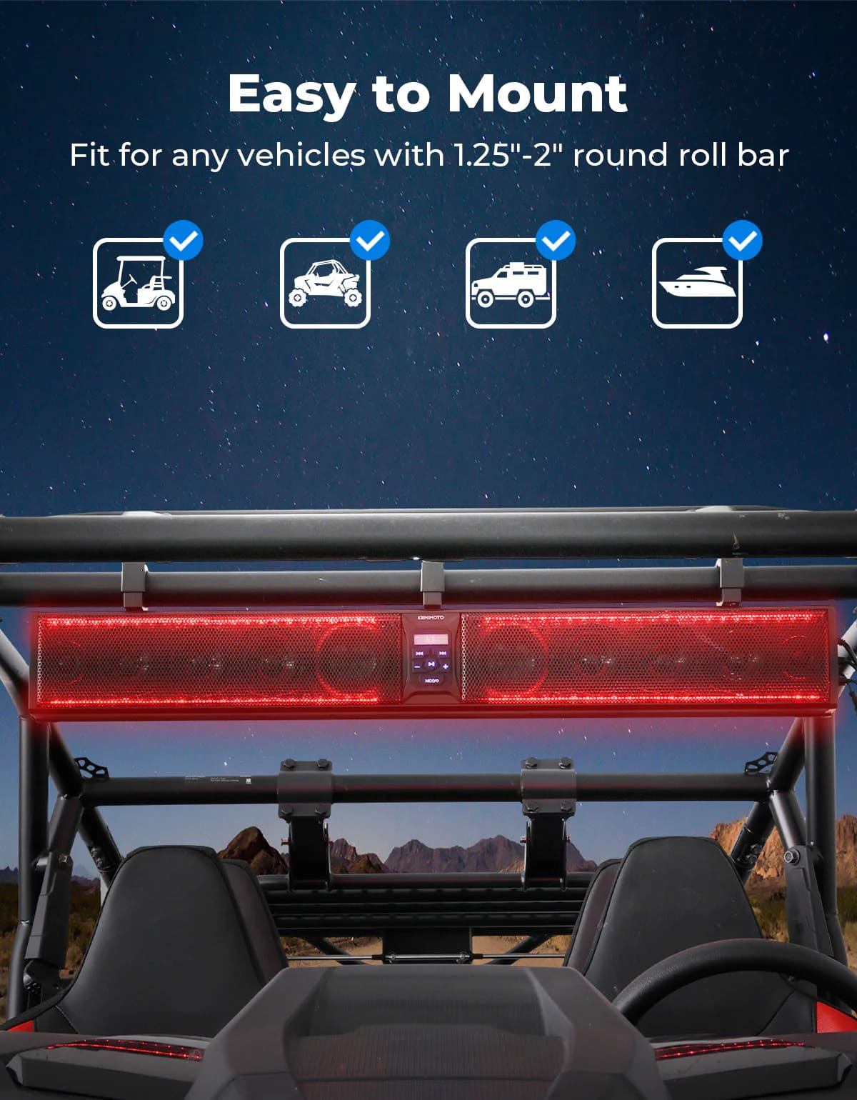 Kemimoto 1.25" - 2' Roll Bar 10 Speaker Aluminum RGB Sound Bar