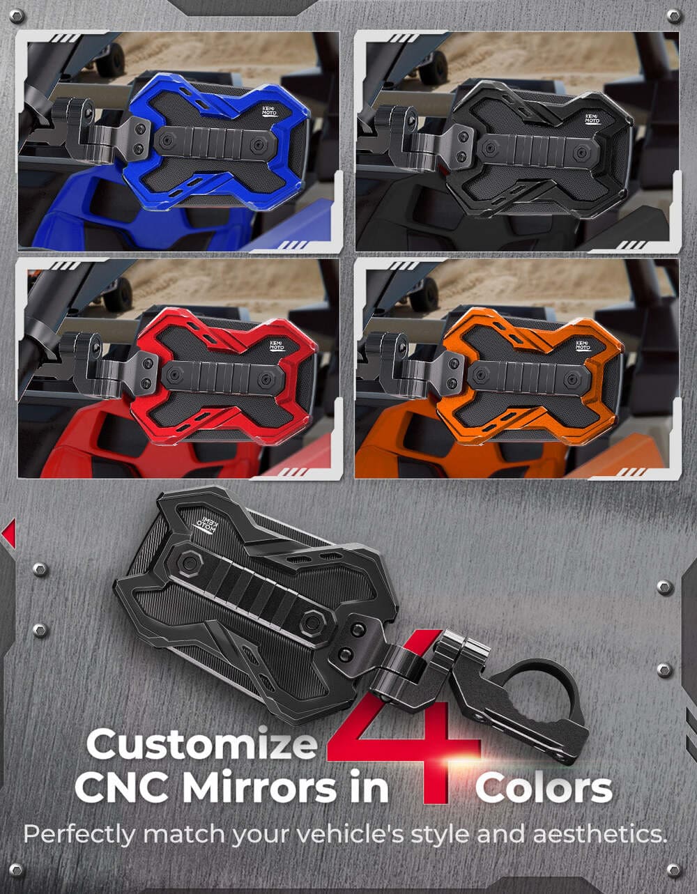 Kemimoto 1.65-2 Inch Roll Bar CNC UTV X Mirror w/ Integrated Light Mount - 1 Pair