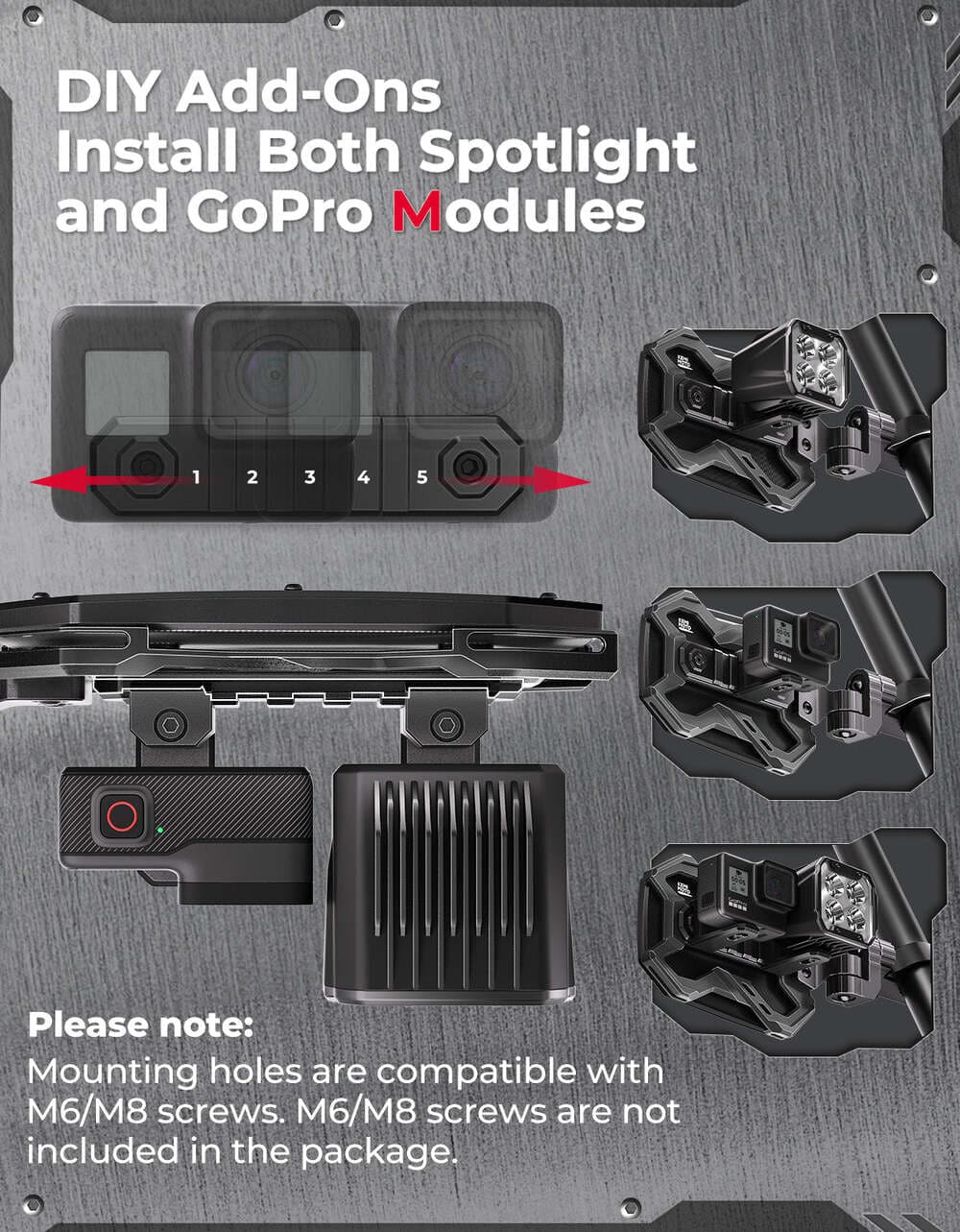 Kemimoto 1.65-2 Inch Roll Bar CNC UTV X Mirror w/ Integrated Light Mount - 1 Pair