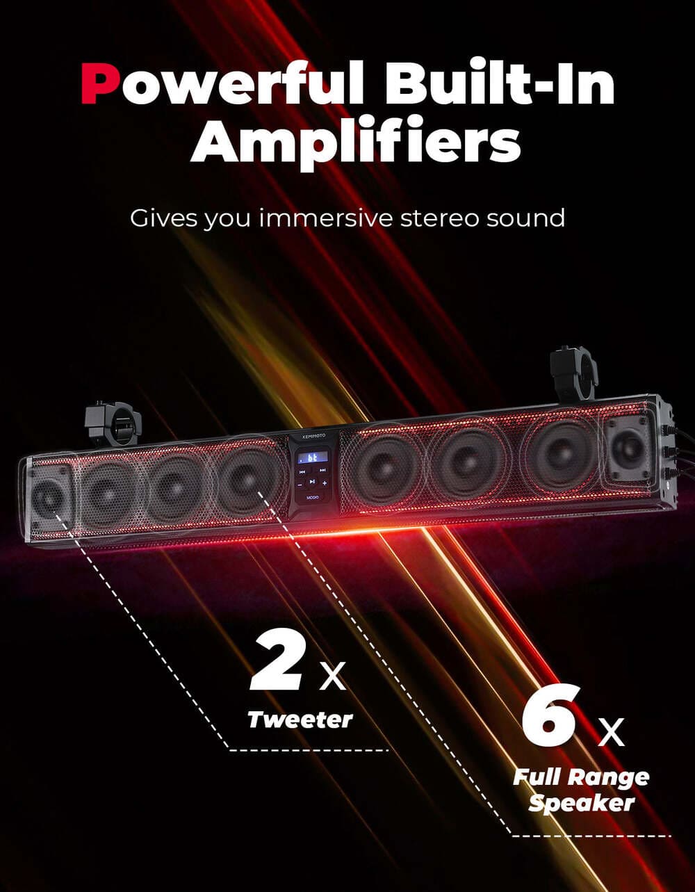 Kemimoto 1.75''-2.25'' Roll Bar 8-Speaker RGB UTV Bluetooth Sound Bar - 33"