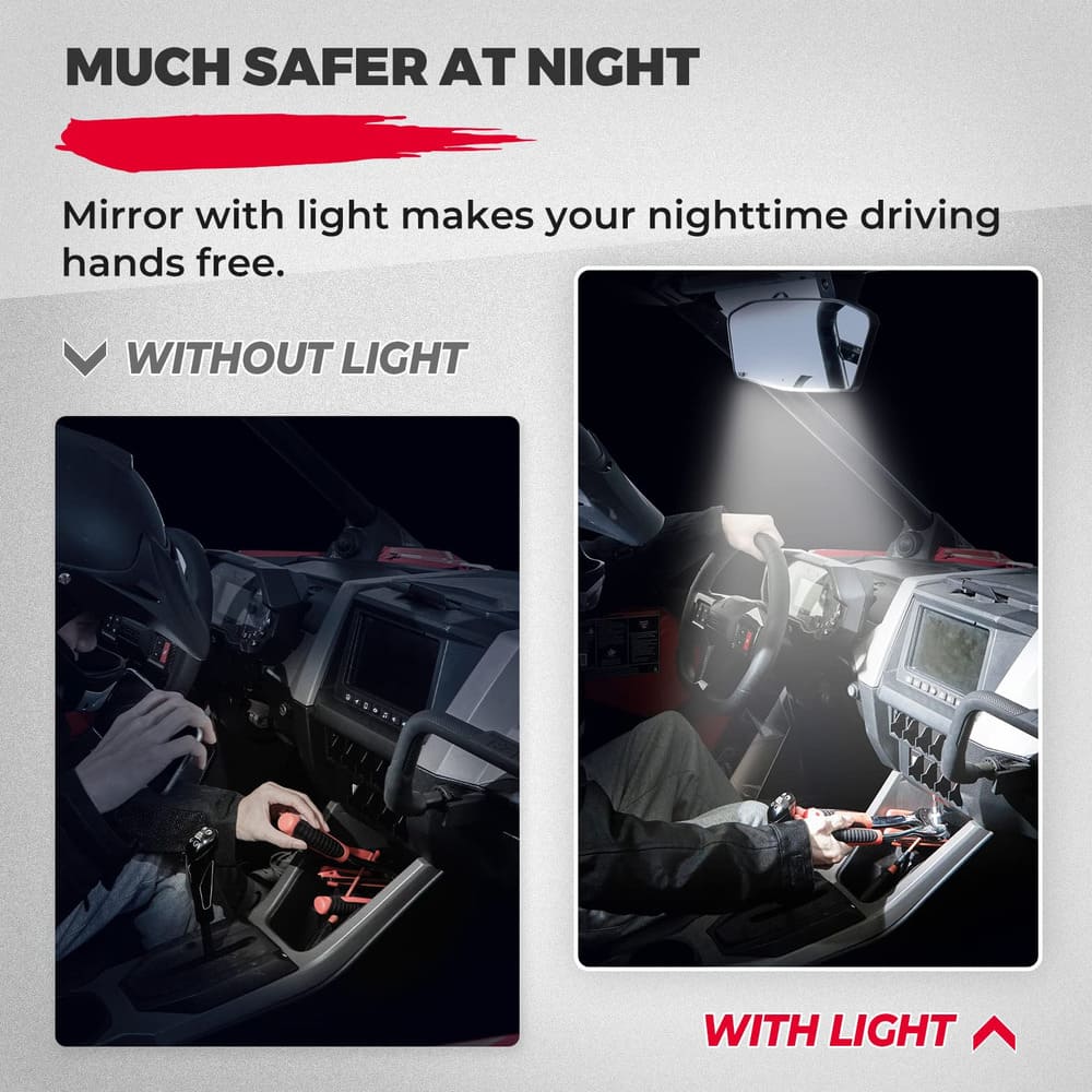 Kemimoto 1.75"-2" Round Roll Bar Rear View Mirror w/ Lights Fit