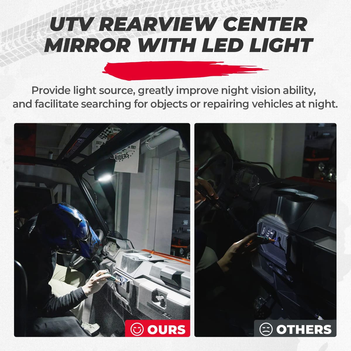 Kemimoto '15-'24 Polaris Ranger XP 1000 UTV Rear View Mirror with Led Light