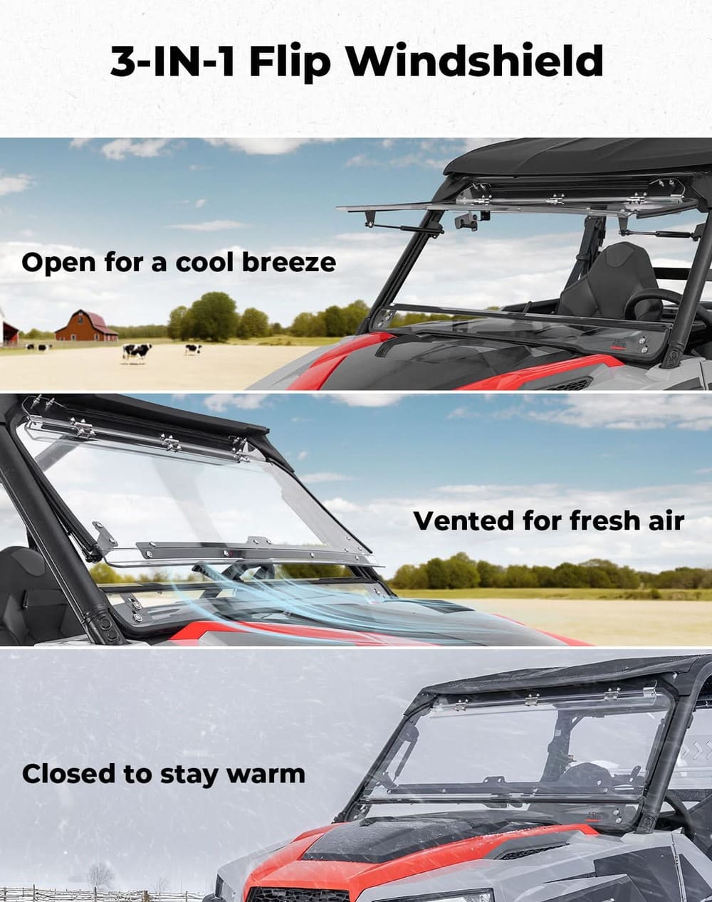 Kemimoto '16-'25 Polaris General XP 1000 3-In-1 Front Flip Windshield