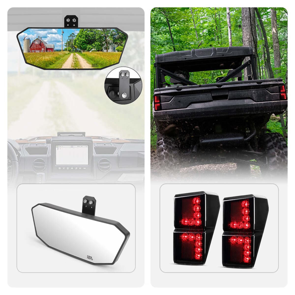 Kemimoto '18-'24 Polaris Ranger XP 1000 Rear View Mirror & Tail Light