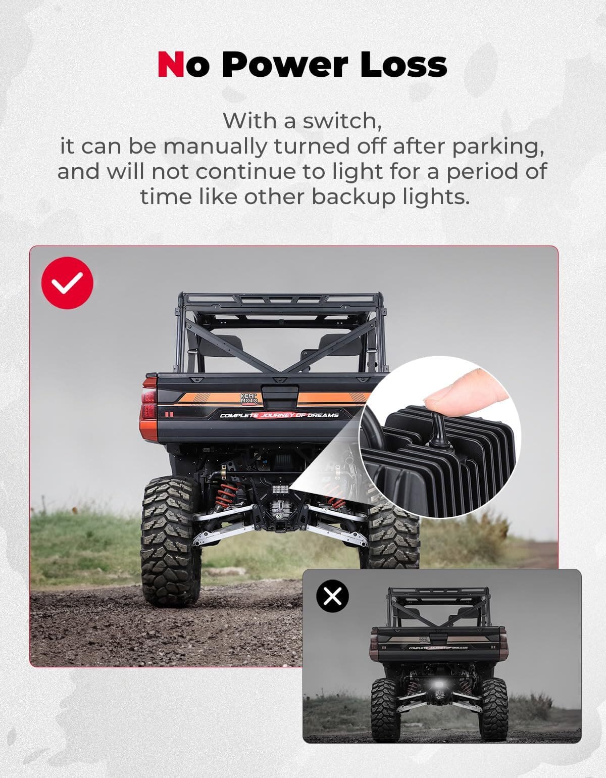 Kemimoto '18-'24 Polaris Ranger XP 1000 Upgraded Backup Light w/ Switch