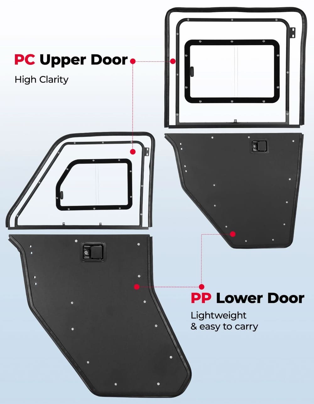 Kemimoto '18-'25 Polaris Ranger Crew XP 1000 2-in-1 Convertible UTV Doors w/ Vented Window