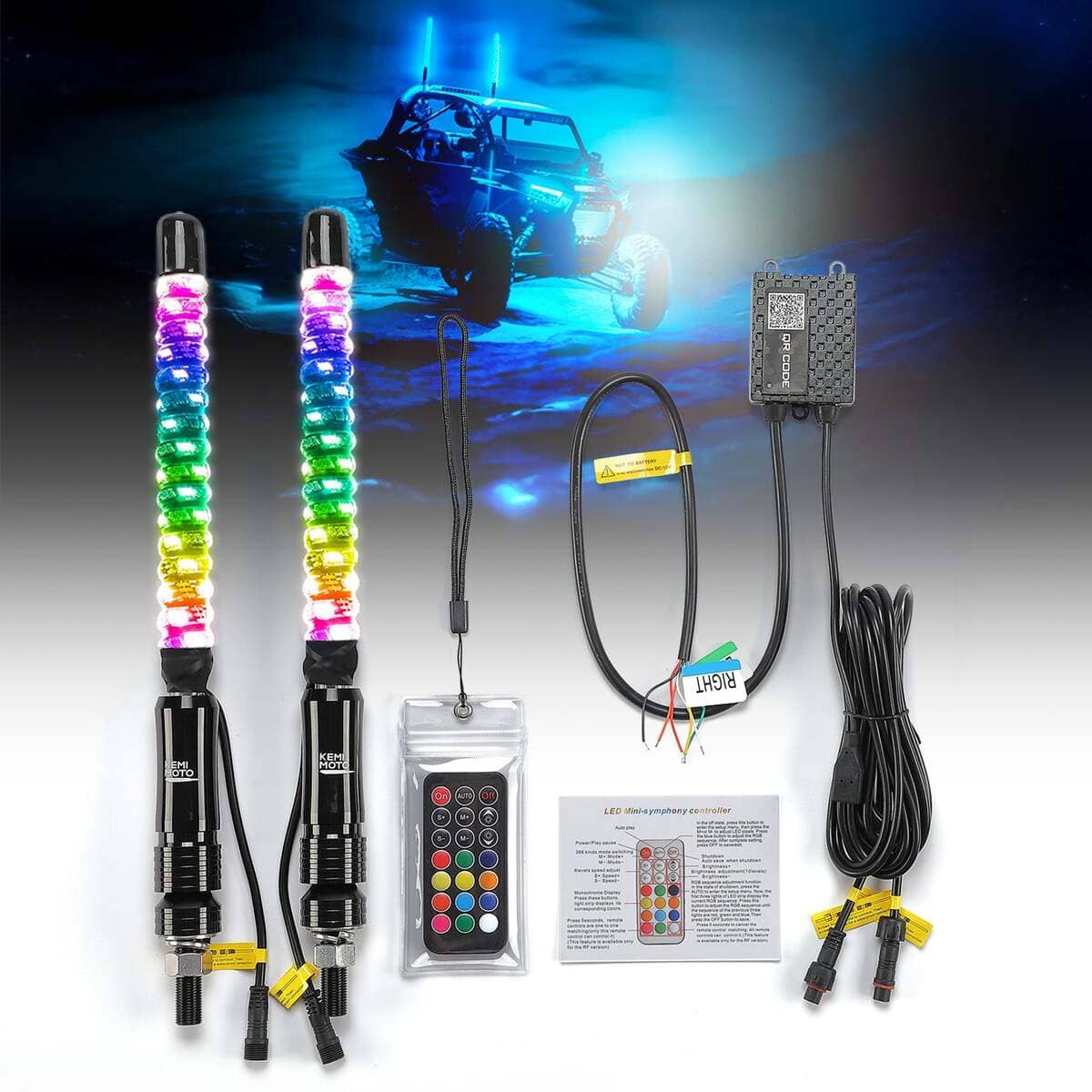 Kemimoto 1Ft/ 2Ft 2 PCS Spiral Whip Light Bluetooth Control