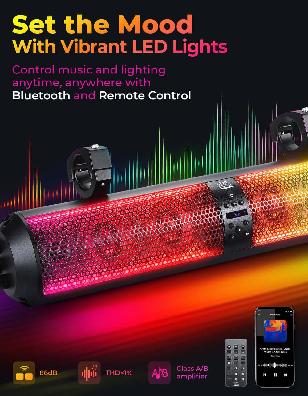 Kemimoto Polaris RZR 1.56"- 2.25" Roll Bar SXS Speaker RGB UTV Soundbar - 28"