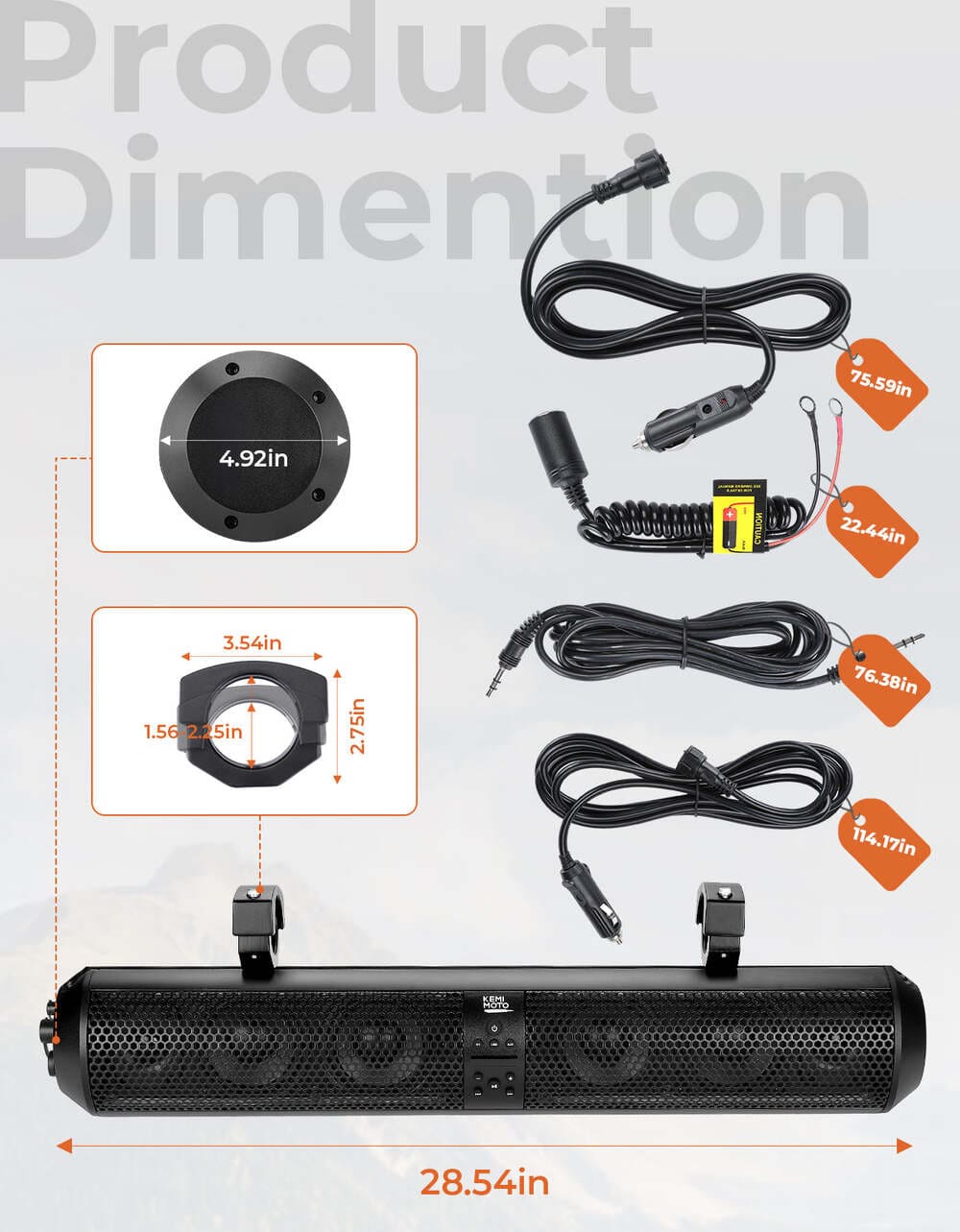 Kemimoto Polaris RZR 1.56"- 2.25" Roll Bar SXS Speaker RGB UTV Soundbar - 28"