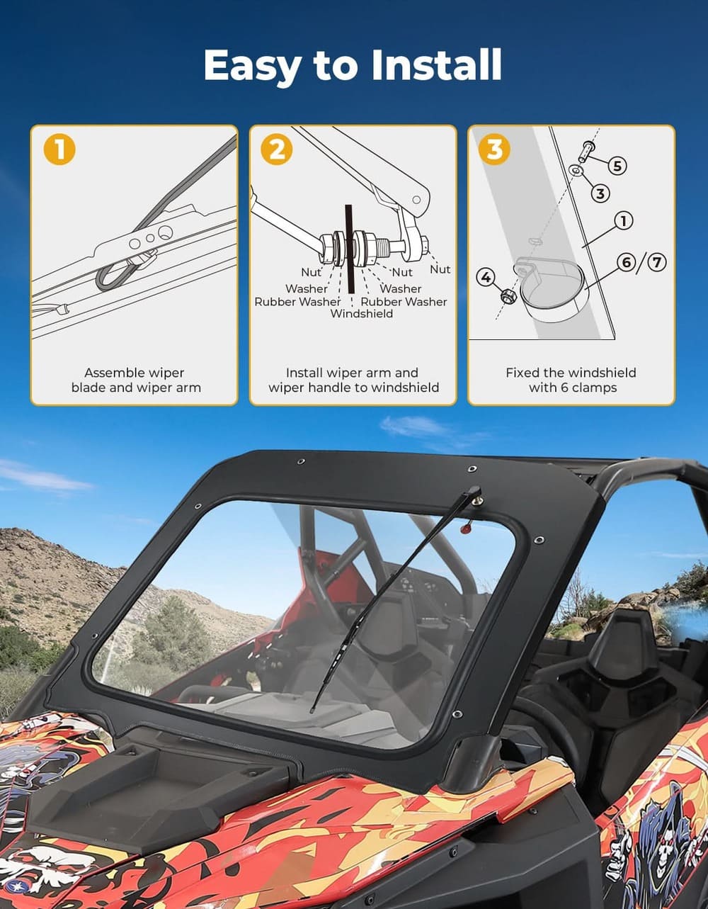Kemimoto '20-'24 Polaris RZR Pro XP/ RZR Turbo R Glass Windshield w/ Manual Wipers