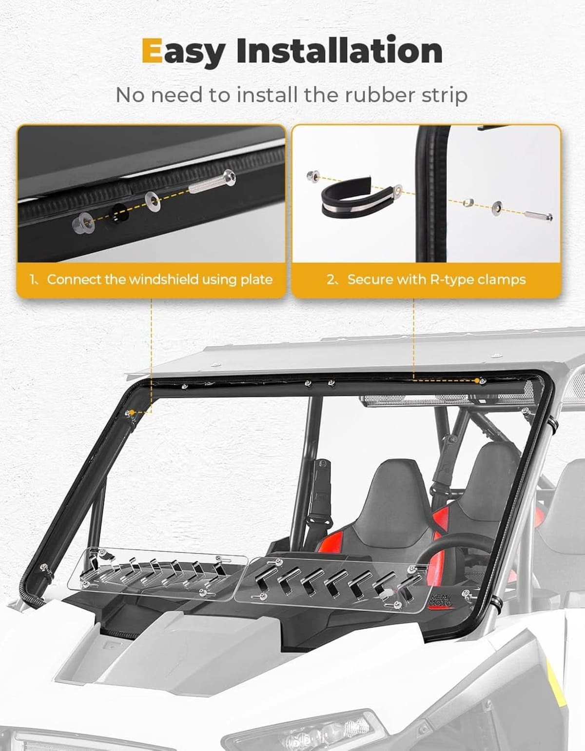 Kemimoto '24-'25 Polaris RZR XP 1000 Pre-Installed Rubber 2-in-1 Vented Windshield
