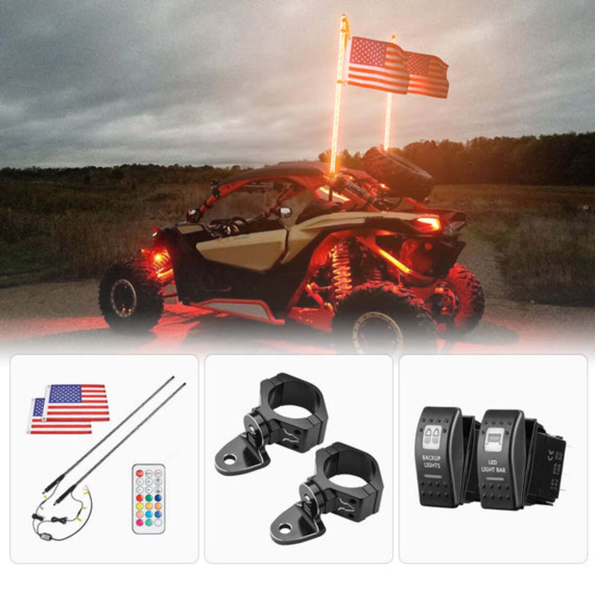 Kemimoto 2Pcs Whip Light & Flag Mount & 12V Switch On-off Spiral Whip Light Set