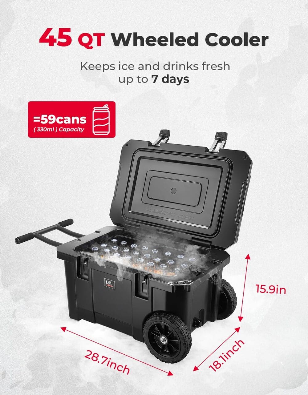 Kemimoto 45 Qt Portable Cooler with Wheels for Camping, Beach, Picnic, Fishing, Boat