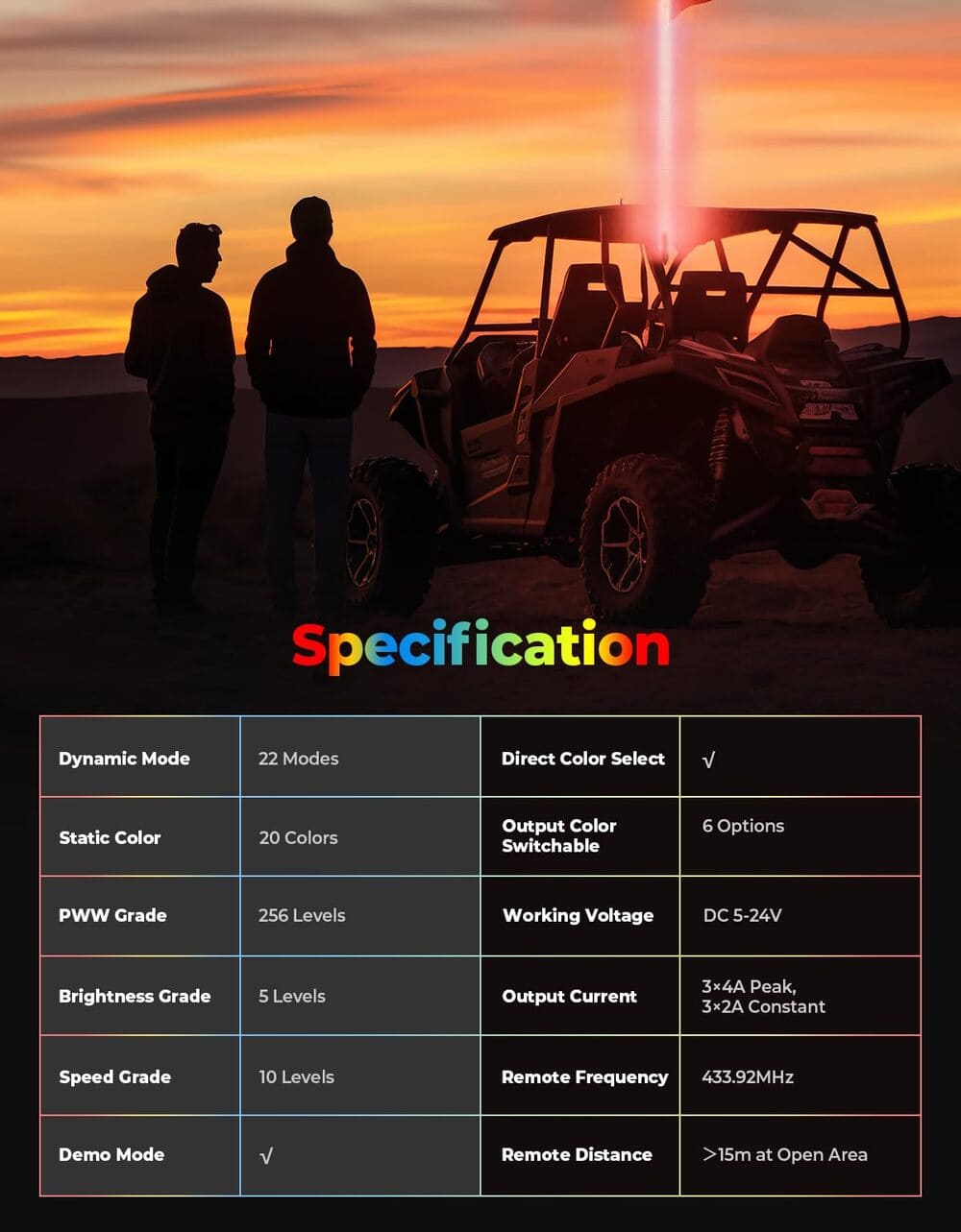 Kemimoto RZR (5FT & RGB - 1PC) LED Whip Lights - ATV/UTV