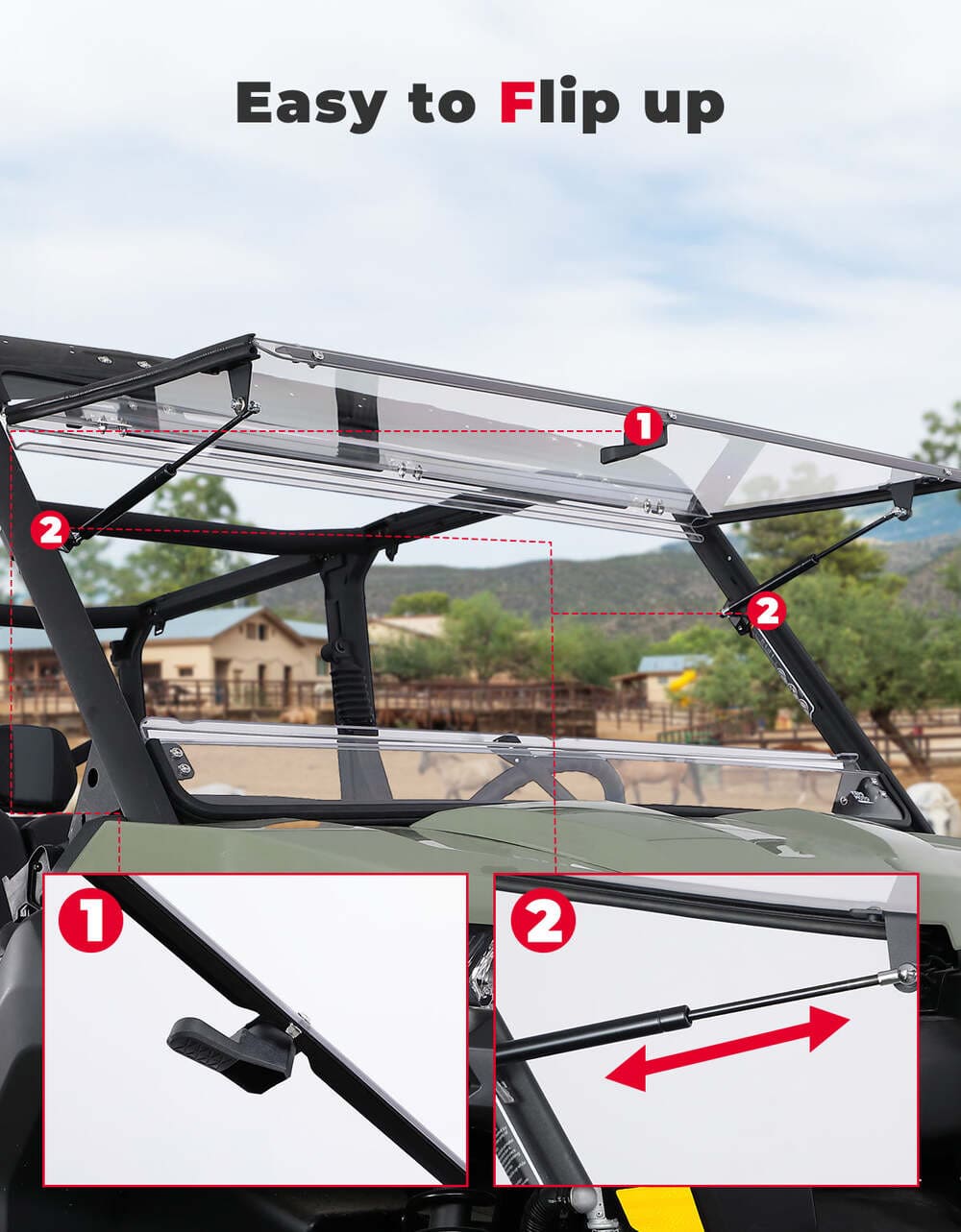 Kemimoto Can-Am Defender HD 5/8/10 1/5" Thick Polycarbonate 2-in-1 Flip Windshield