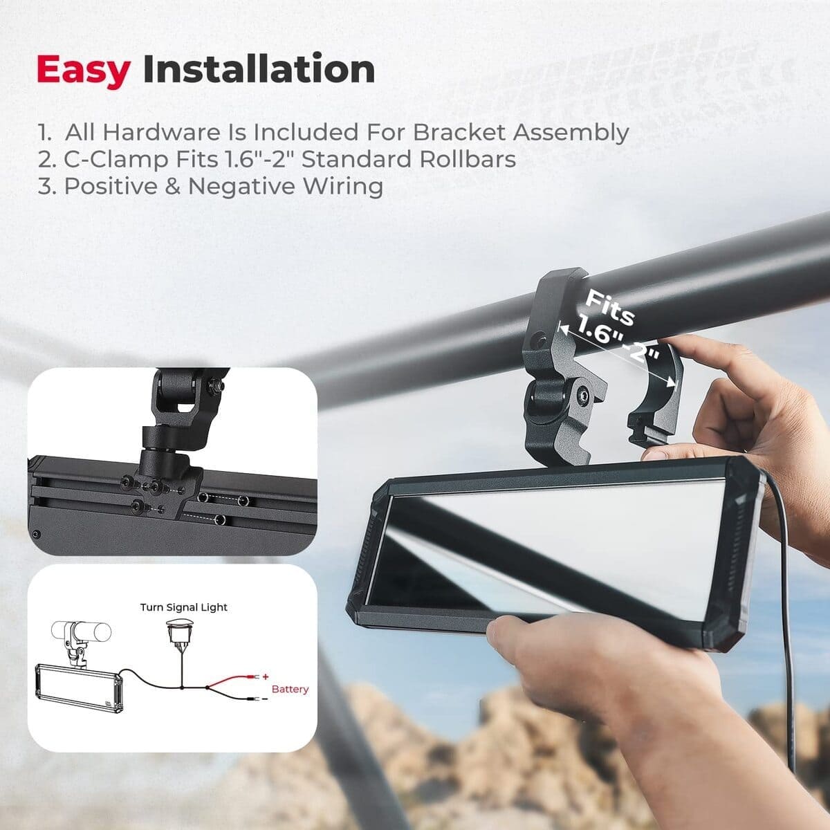 Kemimoto Can-Am Maverick X3 1.6"-2" Mount Upgraded UTV Rear View Center Mirror Interior Light