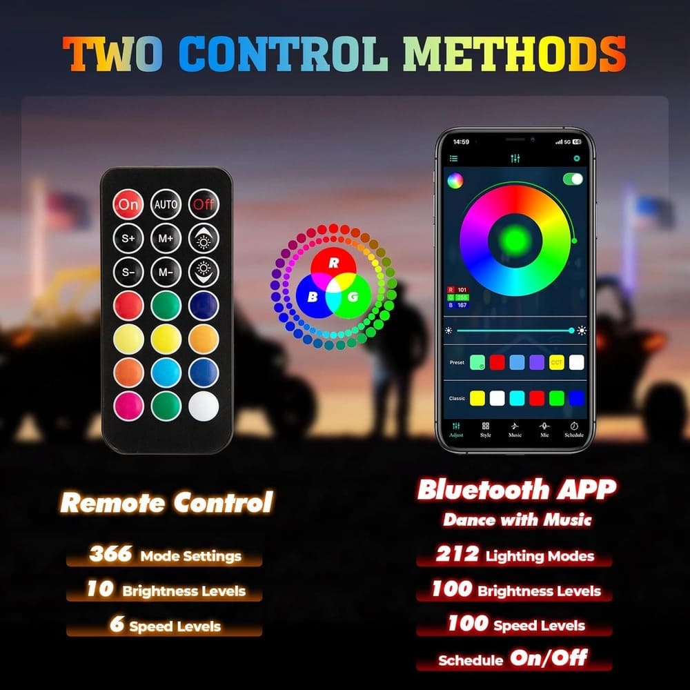 Kemimoto Can-Am Maverick X3 3FT 2Pcs Spiral Whip Light Bluetooth Control