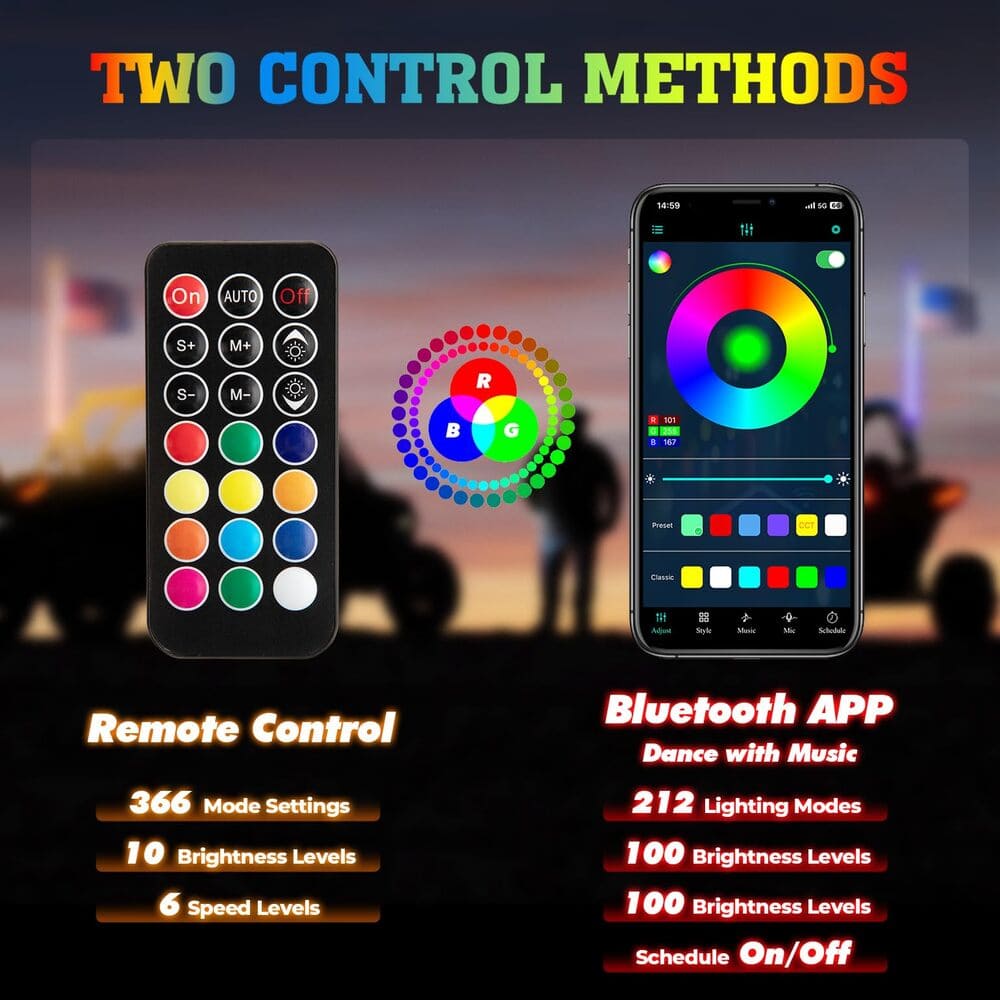 Kemimoto Can-Am Maverick X3 4FT 2Pcs Spiral Whip Light Bluetooth Control