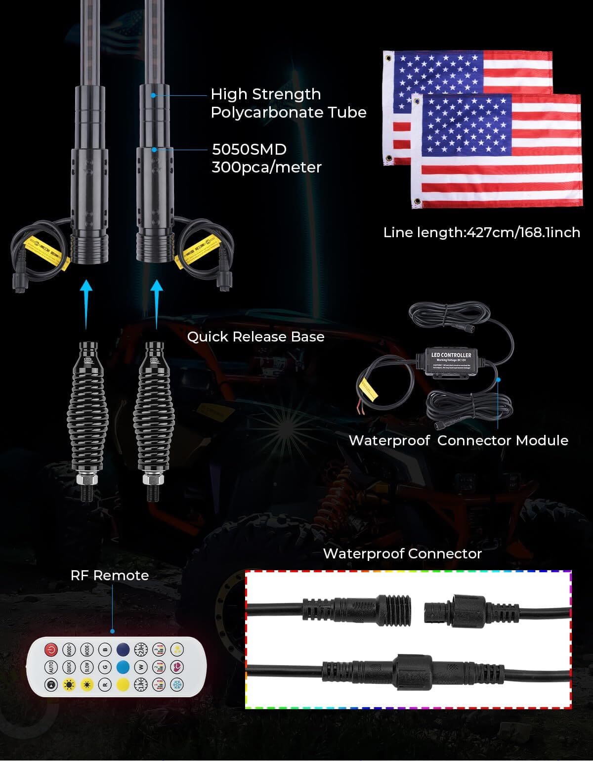 Kemimoto Can-Am Maverick X3 UTV 3ft/ 4ft Whip Lights w/ Spring Base - 2 Pcs