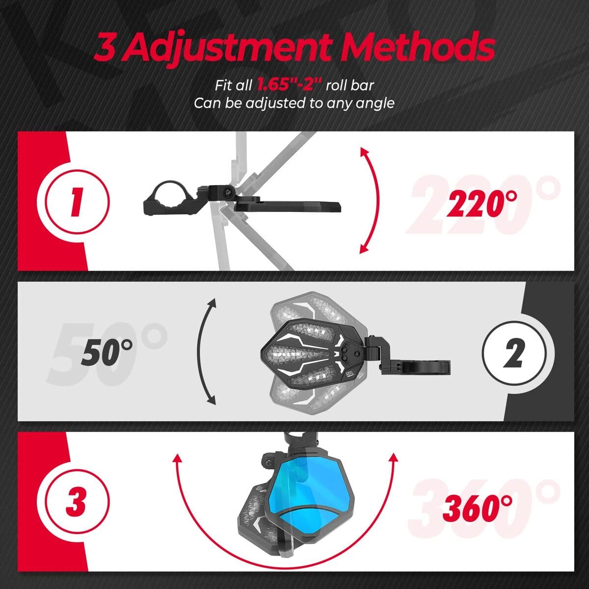 Kemimoto Can Am Maverick X3 UTV Aluminium RGB Side Mirrors w/ 1.6"-2" Roll Bar - 1 pair