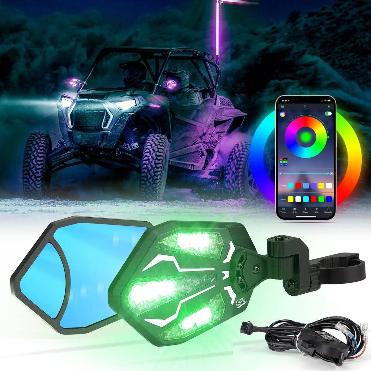 Kemimoto Can Am Maverick X3 UTV Aluminium RGB Side Mirrors w/ 1.6"-2" Roll Bar - 1 pair