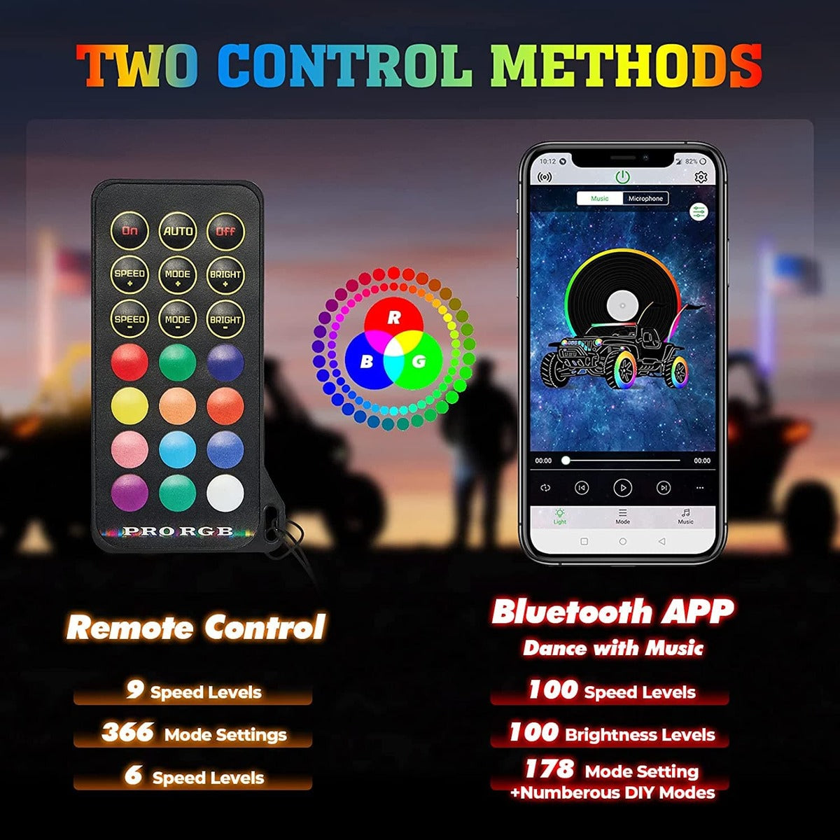 Kemimoto Can-Am Polaris 4FT LED RGB Whip Lights And Storage Bag