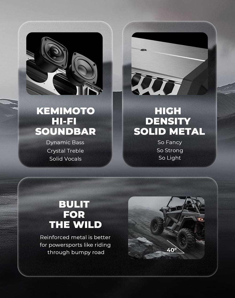 Kemimoto Midnight S60 26" RGB UTV Sound Bar & 1"-2" Golf Cart Marine Roll Bar