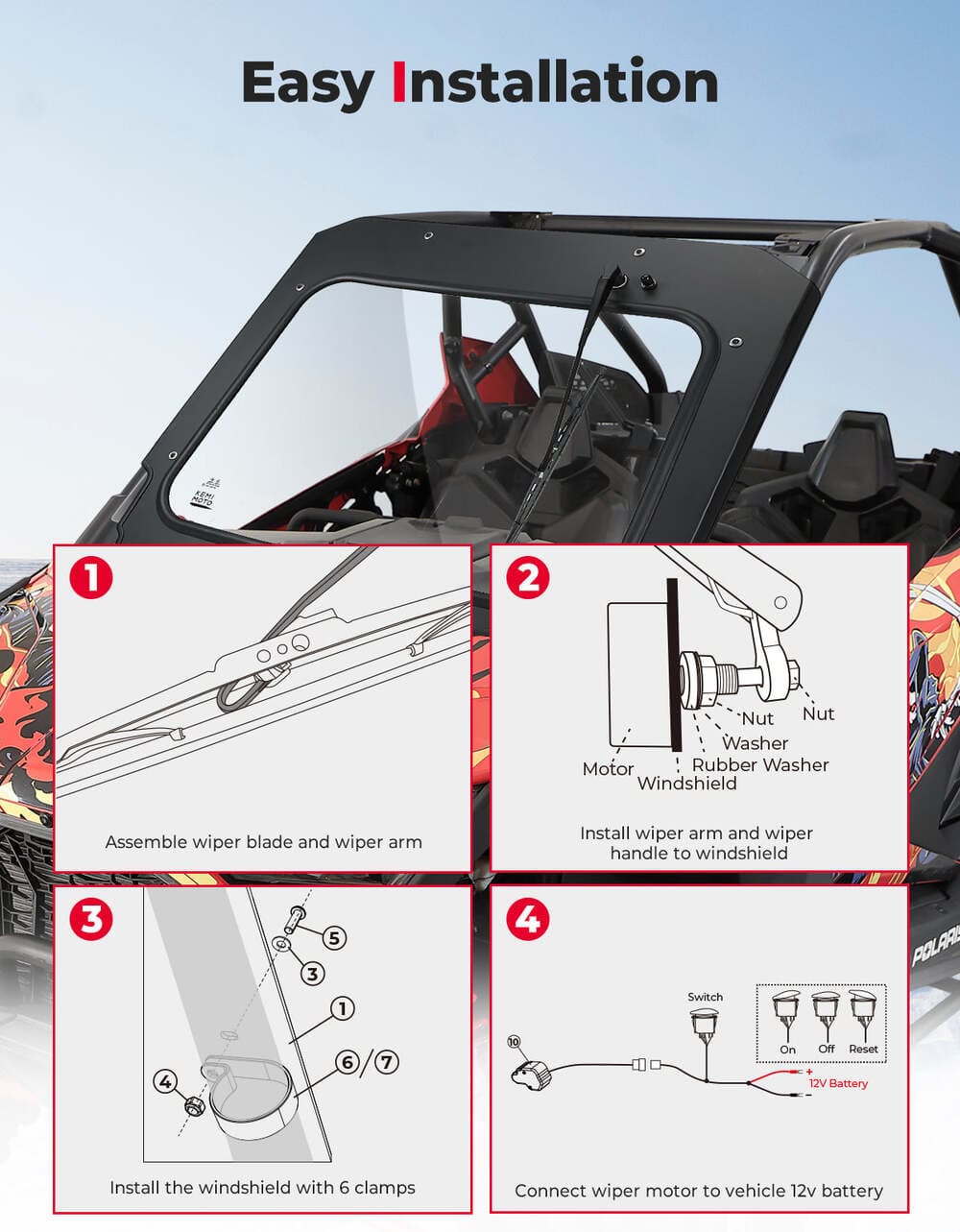 Kemimoto Polaris '20-'24 RZR Pro XP/ Turbo R Glass Windshield w/ Electric Wipers