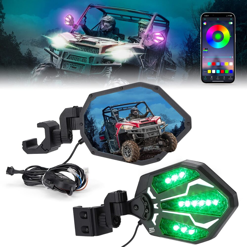 Kemimoto Polaris Ranger UTV Pro-Fit RGB Side Mirrors with Lights