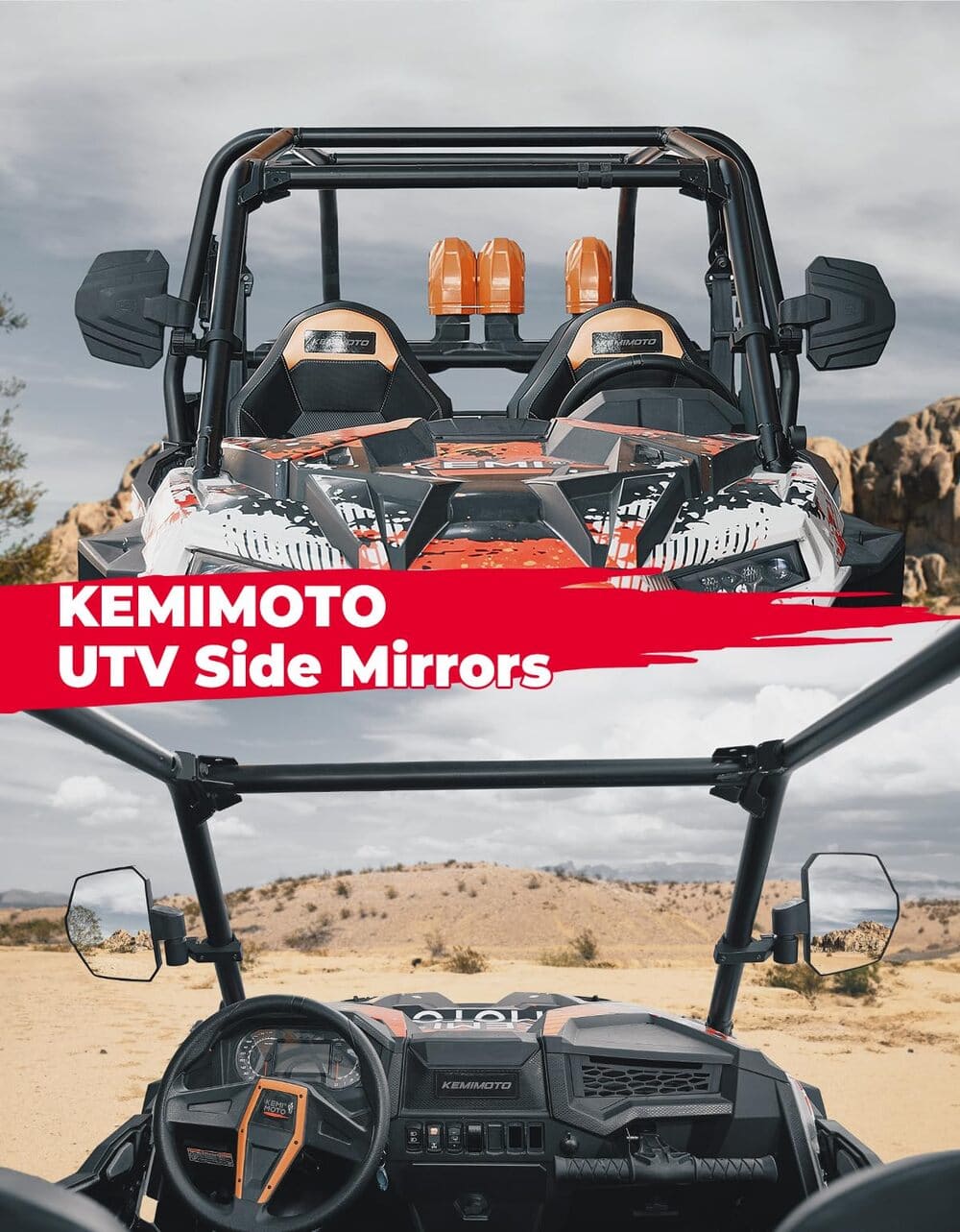 Kemimoto Polaris RZR Pro R 1.65"-2" UTV Universal Large Side View Mirrors Roll Bar