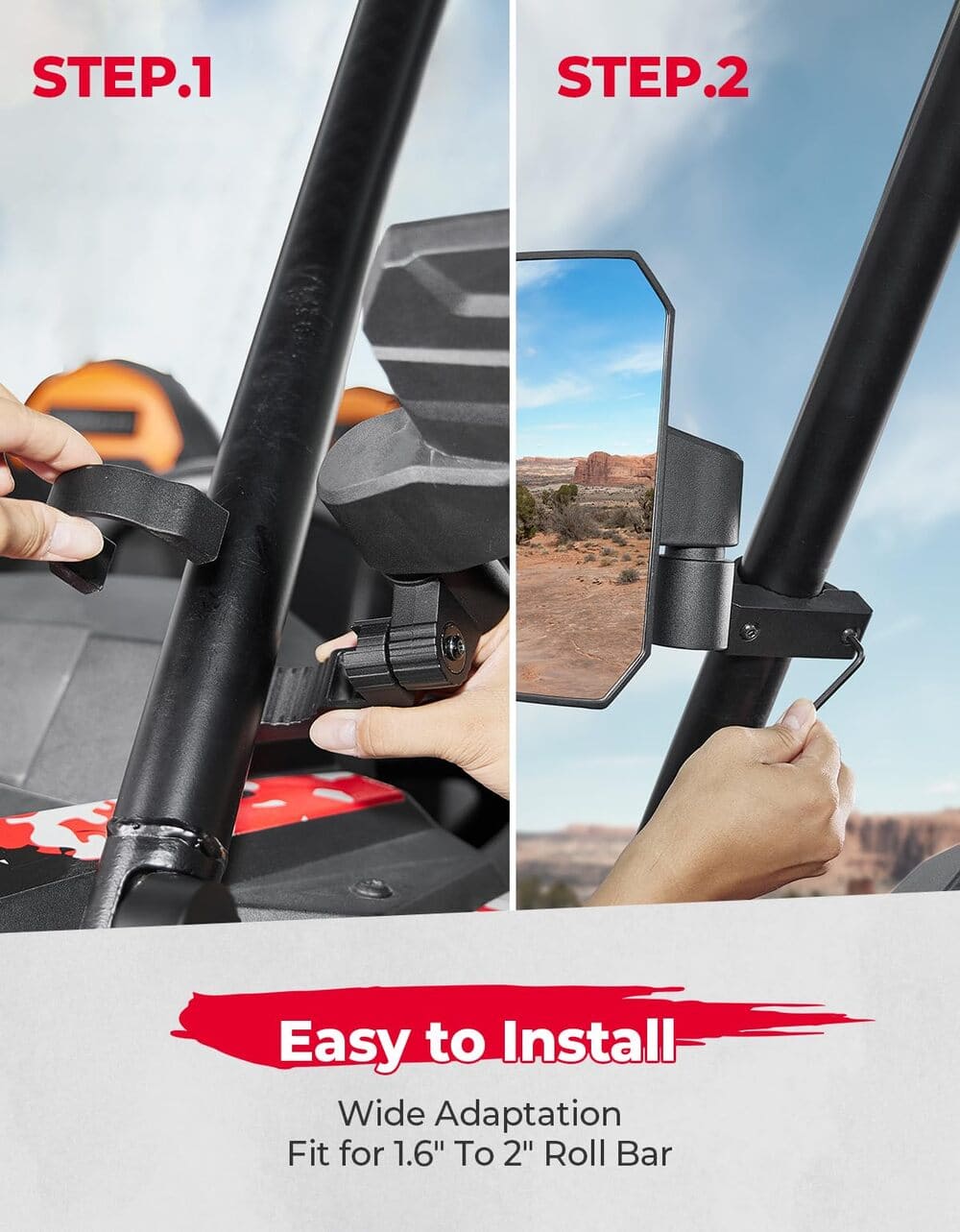 Kemimoto Polaris RZR Pro R 1.65"-2" UTV Universal Large Side View Mirrors Roll Bar