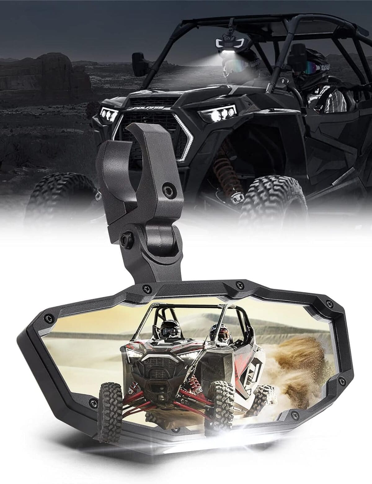 Kemimoto Polaris RZR Pro XP 1.65"-2" Roll Bar Rear View Mirror w/ Light Built-in Rechargeable Battery