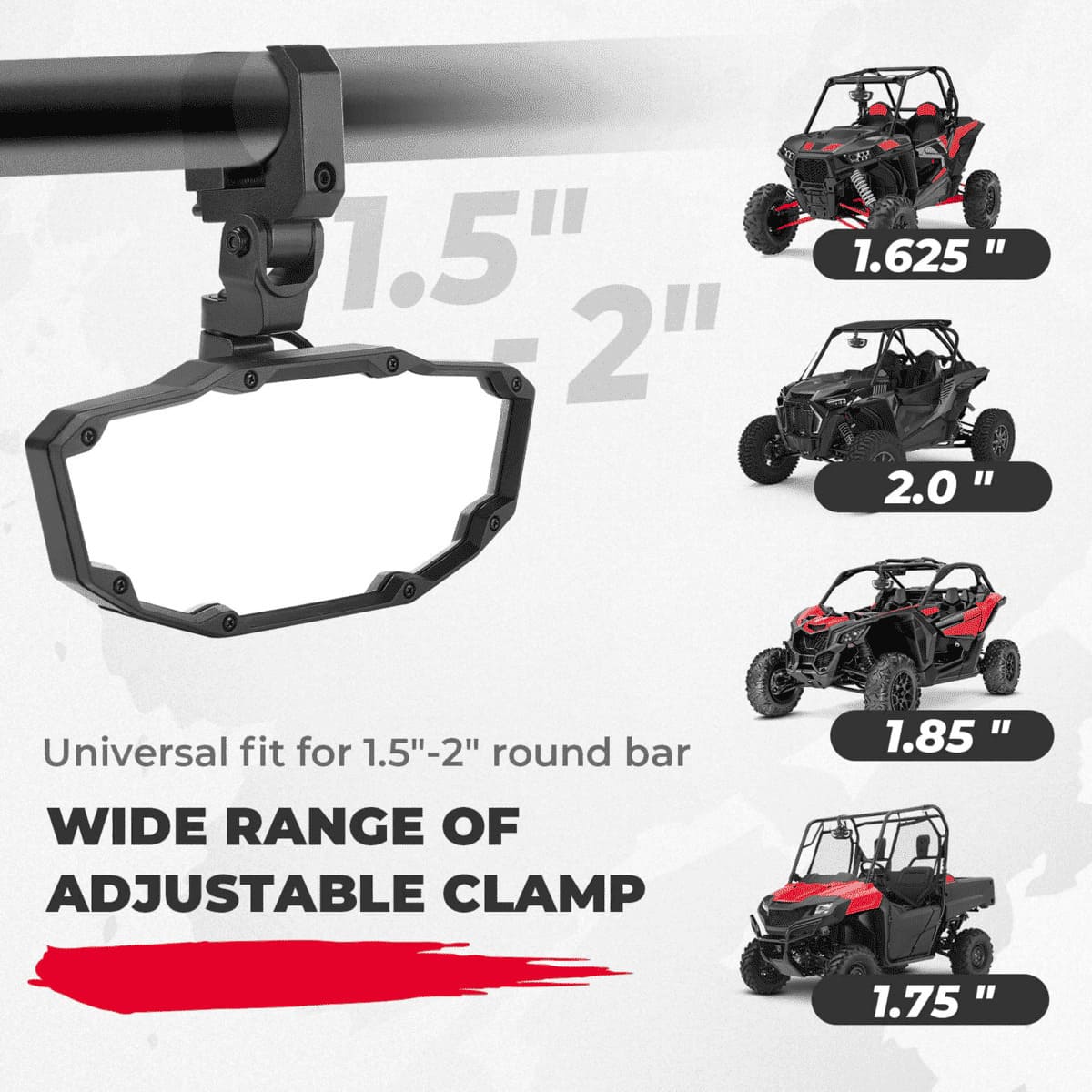 Kemimoto Polaris RZR Pro XP 1.65"-2" Roll Bar Rear View Mirror w/ Light Built-in Rechargeable Battery