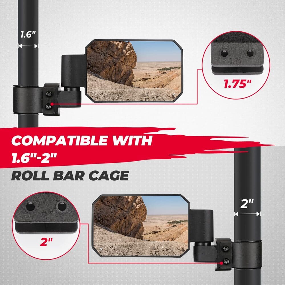 Kemimoto Polaris RZR UTV Rear Side View Mirrors 1.6"/2" - 1 Pair