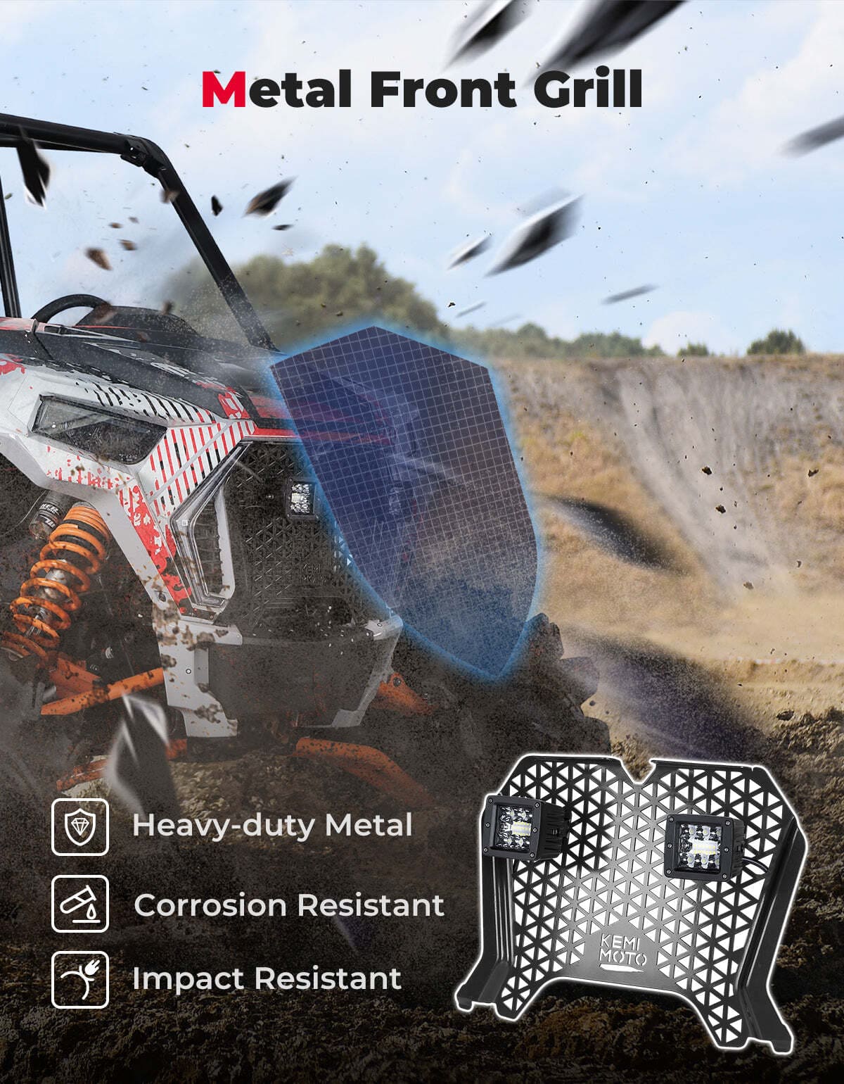 Kemimoto Polaris RZR XP 1000 UTV Metal Front Grill Light
