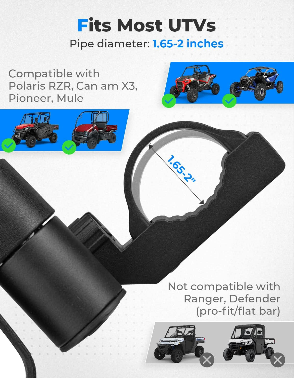 Kemimoto Polaris RZR XP 1000 UTV 1.65-2 Inch Roll Bars Side Mirrors w/ Spring Back