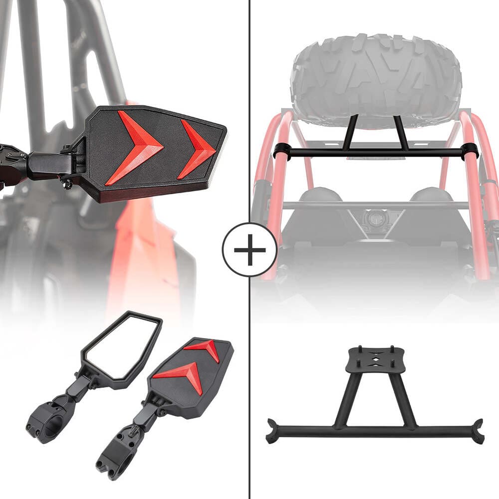 Kemimoto Polaris RZR XP Turbo Side Rear View Mirrors & Spare Tire Carrier Mount